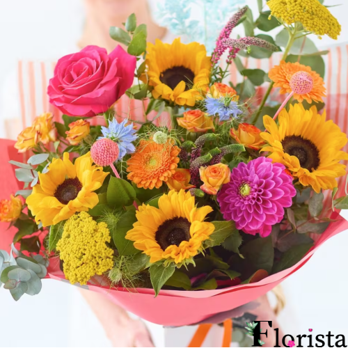 Luxurious summer trendy bouquet with sunflowers.