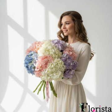 Букет з 9 різнокольорових горйензій