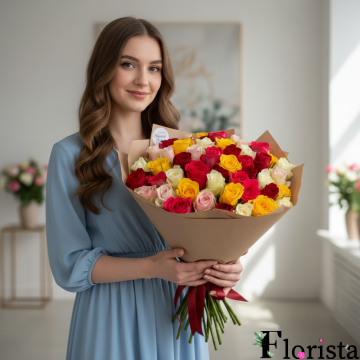 Букет з 39 різнокольорових троянд.