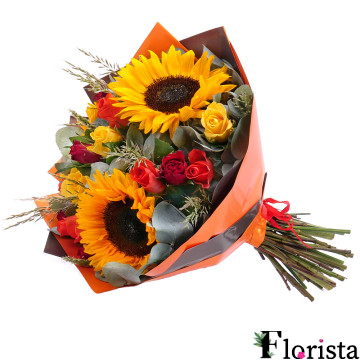 Збірний букет із соняшників, троянд, евкаліпту