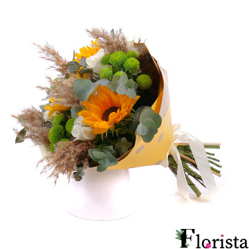 Збірний букет з соняшників, троянд та сантині