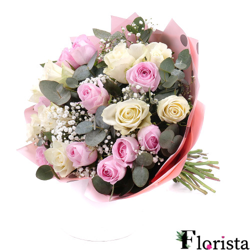 Delicate white and pink roses with eucalyptus.