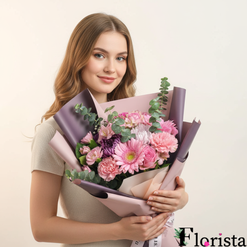 Букет змішаних квітів «Красивий у рожевому»