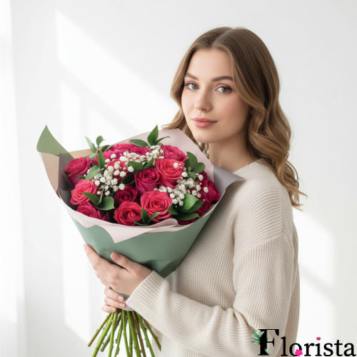 Букет рожевих пристрасних троянд