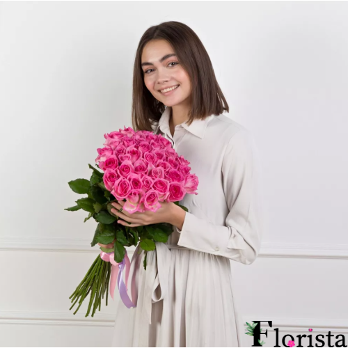 21 рожевих троянд (60см-70см)