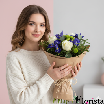 Букет квітів З синьо-білими думками