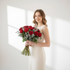 Букет з 12 червоних троянд на довгому стеблі