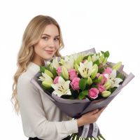 Букет «Поцілунок рожевих троянд та лілій»