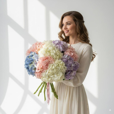 Букет з 9 різнокольорових горйензій