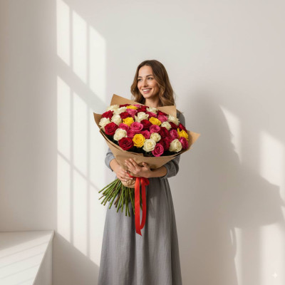 Букет із 51 різнокольорових троянд