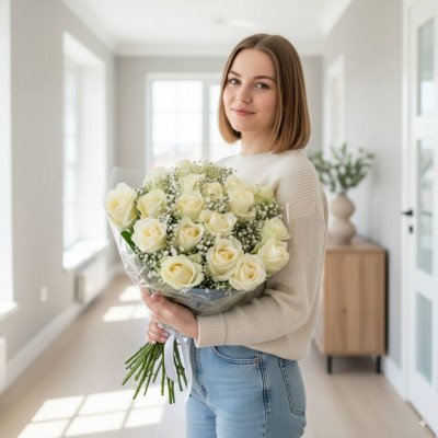 Білі троянди з гіпсофілою - троянди преміум класу