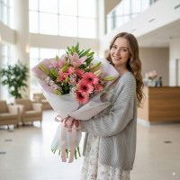 Bouquet of pink flowers gerbera and lilies