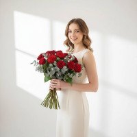 Букет з 12 червоних троянд на довгому стеблі