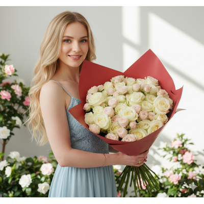 Ein Strauß weißer Rosen und blassrosa Buschrosen