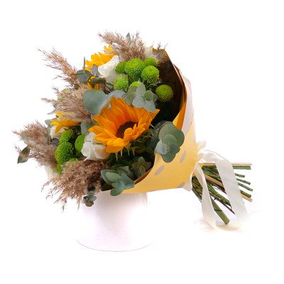 Збірний букет з соняшників, троянд та сантині