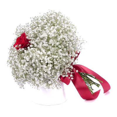 Букет з гіпсофіли та червоної троянди