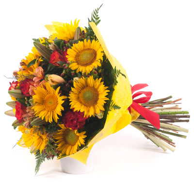 Süße Sonnenblumen, Rosen und Lilien