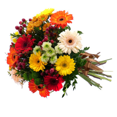 Bouquet of colorful gerberas, santinas, hypericum and decorative greenery