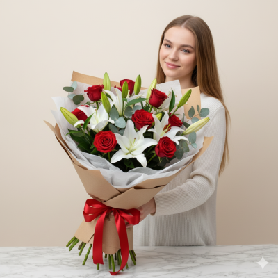 Збірний букет лілій та троянд