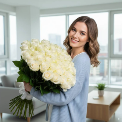 Букет із 51 білих троянд 70 см