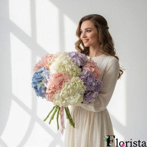 Букет з 9 різнокольорових горйензій