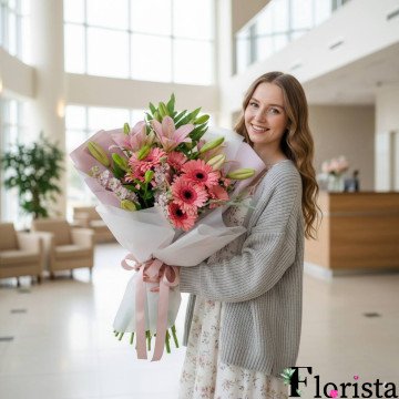 Букет рожевих квітів гербери та лілії