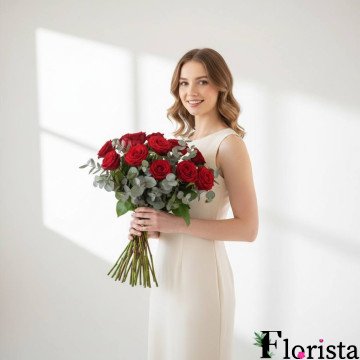 Bouquet of 12 red roses on a long stem