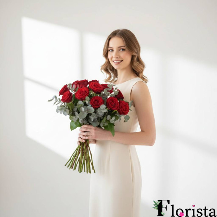 Букет з 12 червоних троянд на довгому стеблі