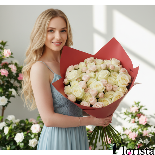 Ein Strauß weißer Rosen und blassrosa Buschrosen