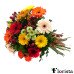 Bouquet of colorful gerberas, santinas, hypericum and decorative greenery