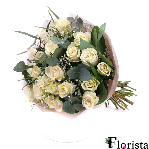Delicate white roses and eucalyptus