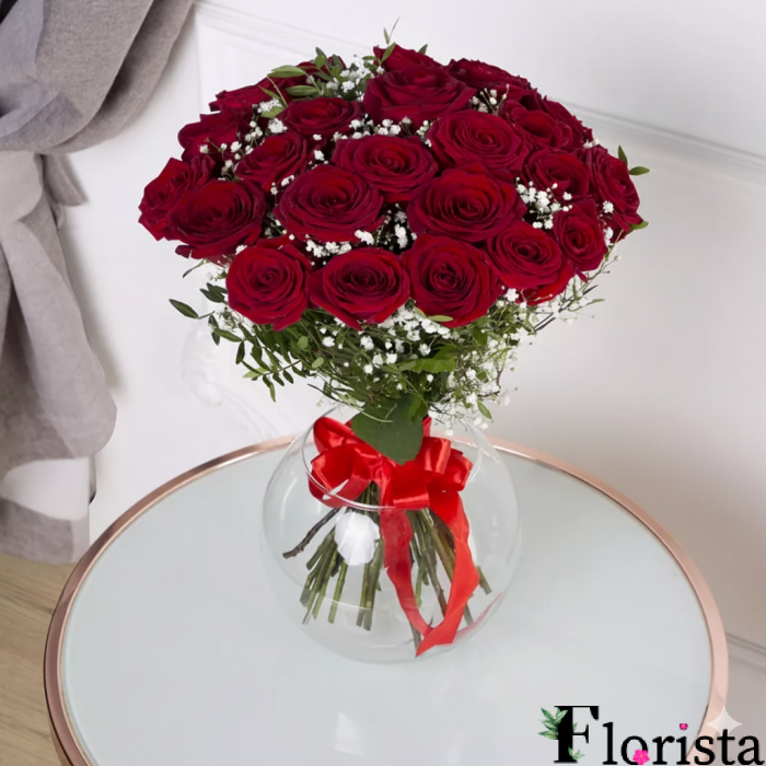 Червоні троянди з гіпсофілою - троянди преміум класу